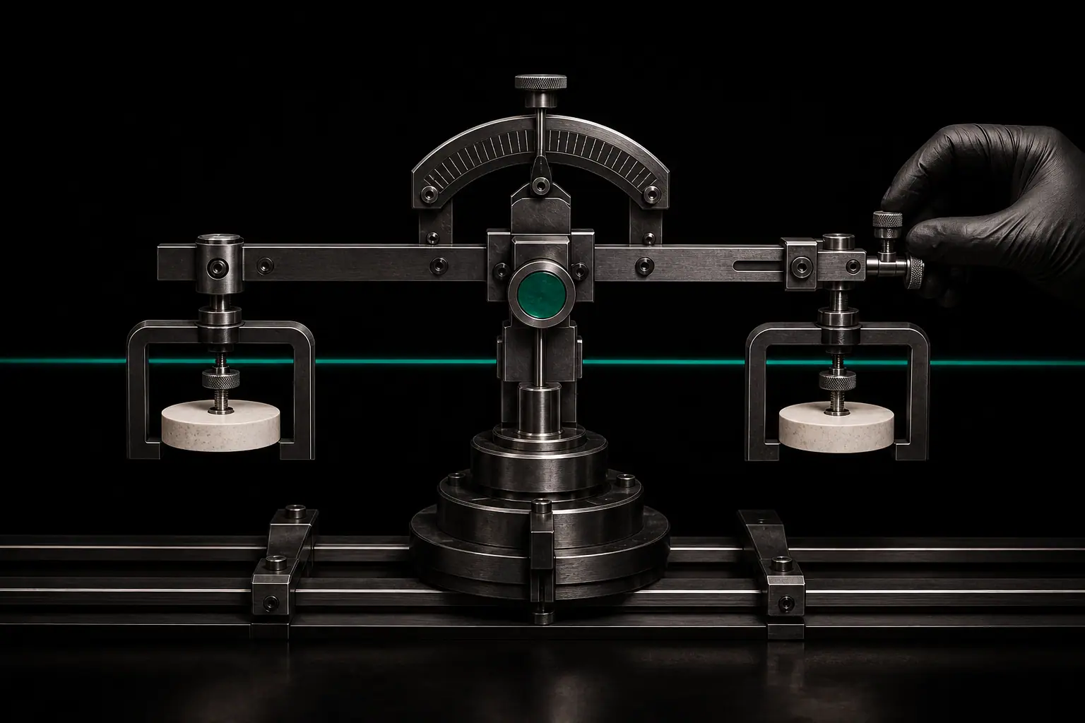 A precision balance instrument on a graphite rail holding two pearl discs in level equilibrium, a black-gloved hand adjusting its counterweight.