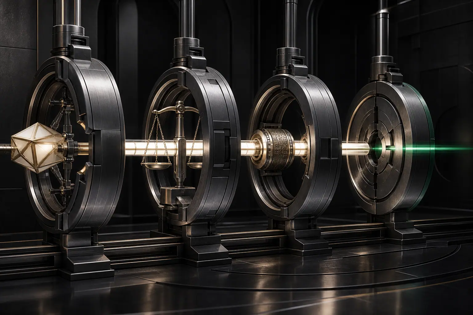 A monumental row of dark machined governance gates on one shared shaft, holding a faceted lantern, a balance and a keyed seal, with emerald light breaking through the final ring.