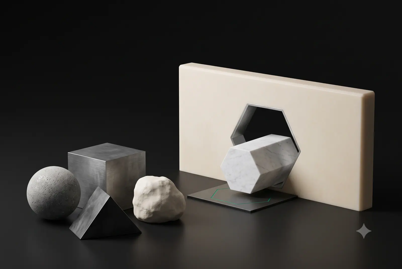 A sphere, a cube, a wedge and a rough lump in mismatched materials waiting before a bone gate wall, while one hexagonal marble block passes its matching chrome-lined aperture, the shape's emerald template outline engraved on a plate at the threshold.
