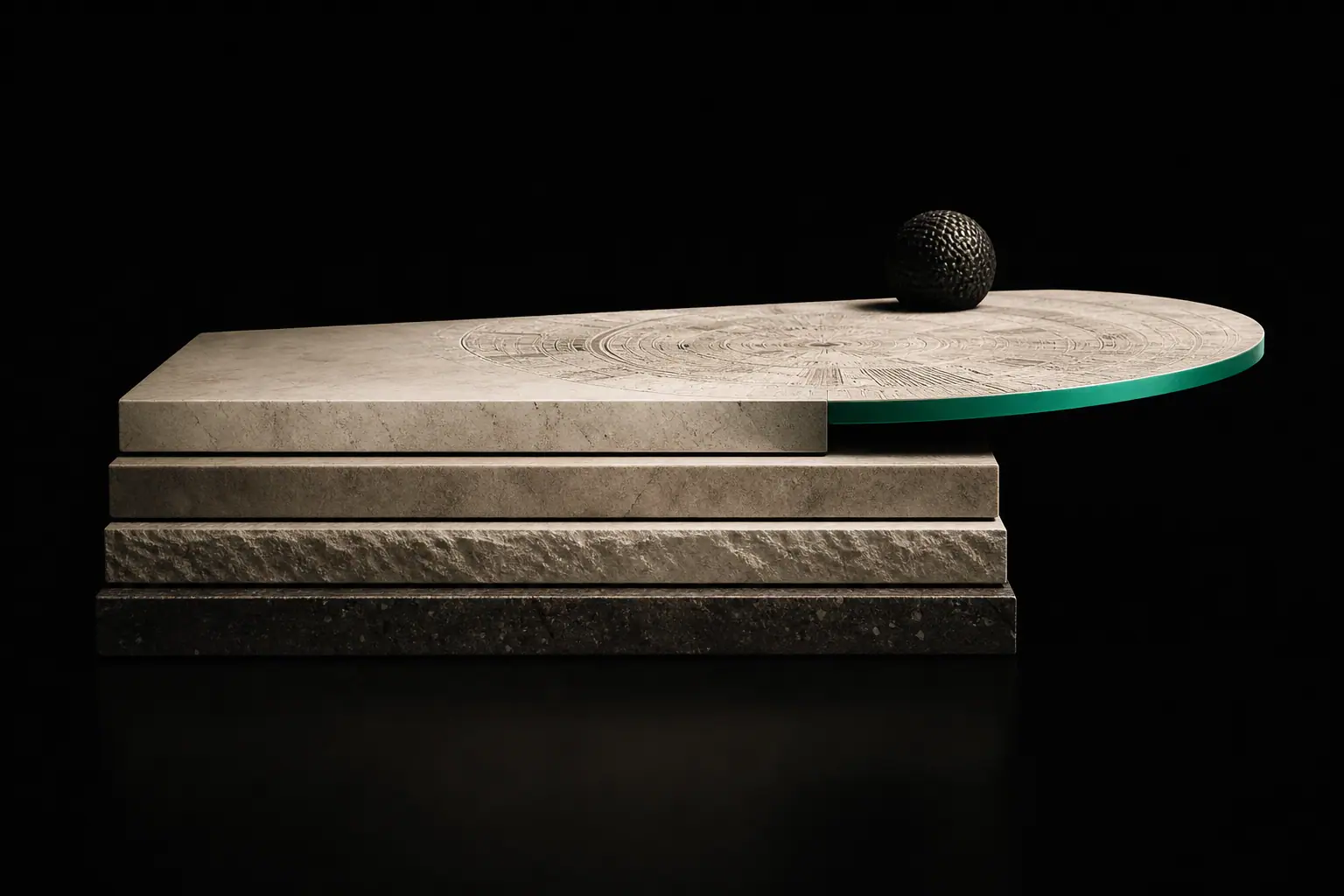 One application body lifted apart above its bone chassis, every layer held in register by a single emerald indexed edge.