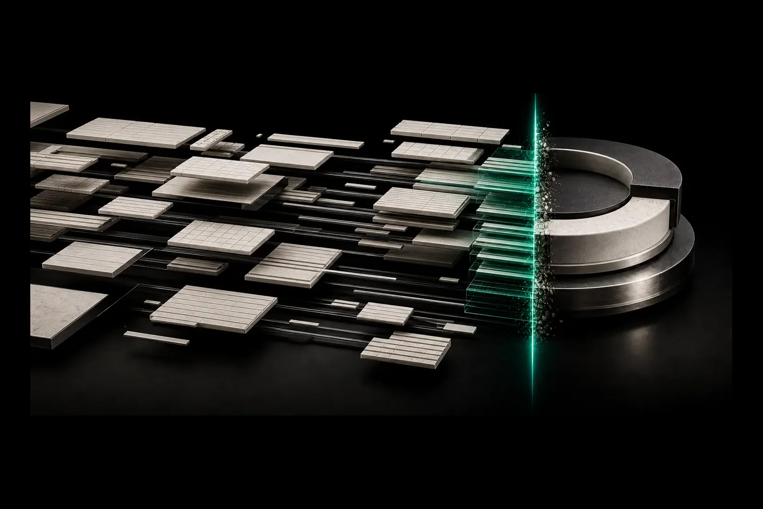 Scattered stacks of pale document plates travelling along graphite rails and registering into one unified circular system through an emerald scan plane.