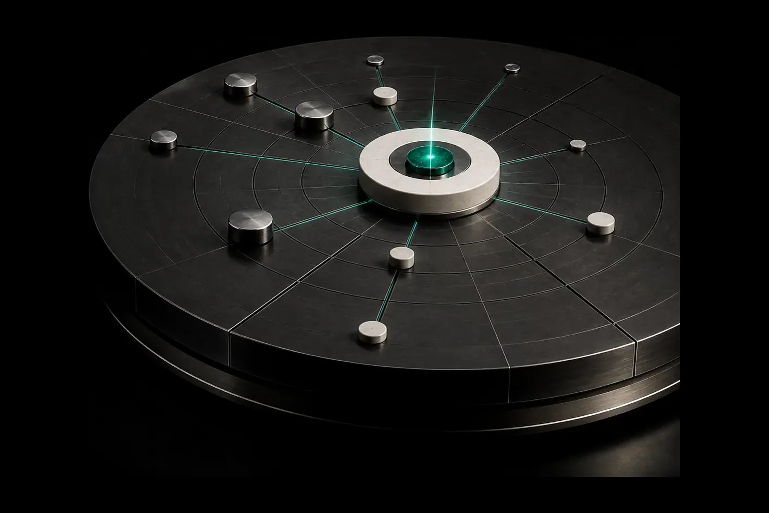 A monumental graphite review plinth with one illuminated shared core and decision weights aligned around it.