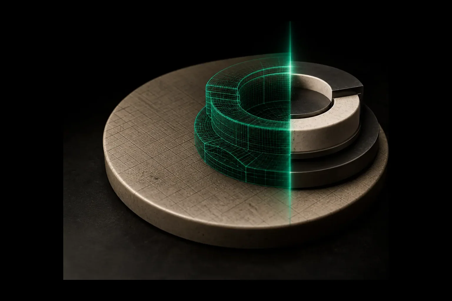 The first wireframe and solid platform core rising from one large gridded source plate under an emerald working light.