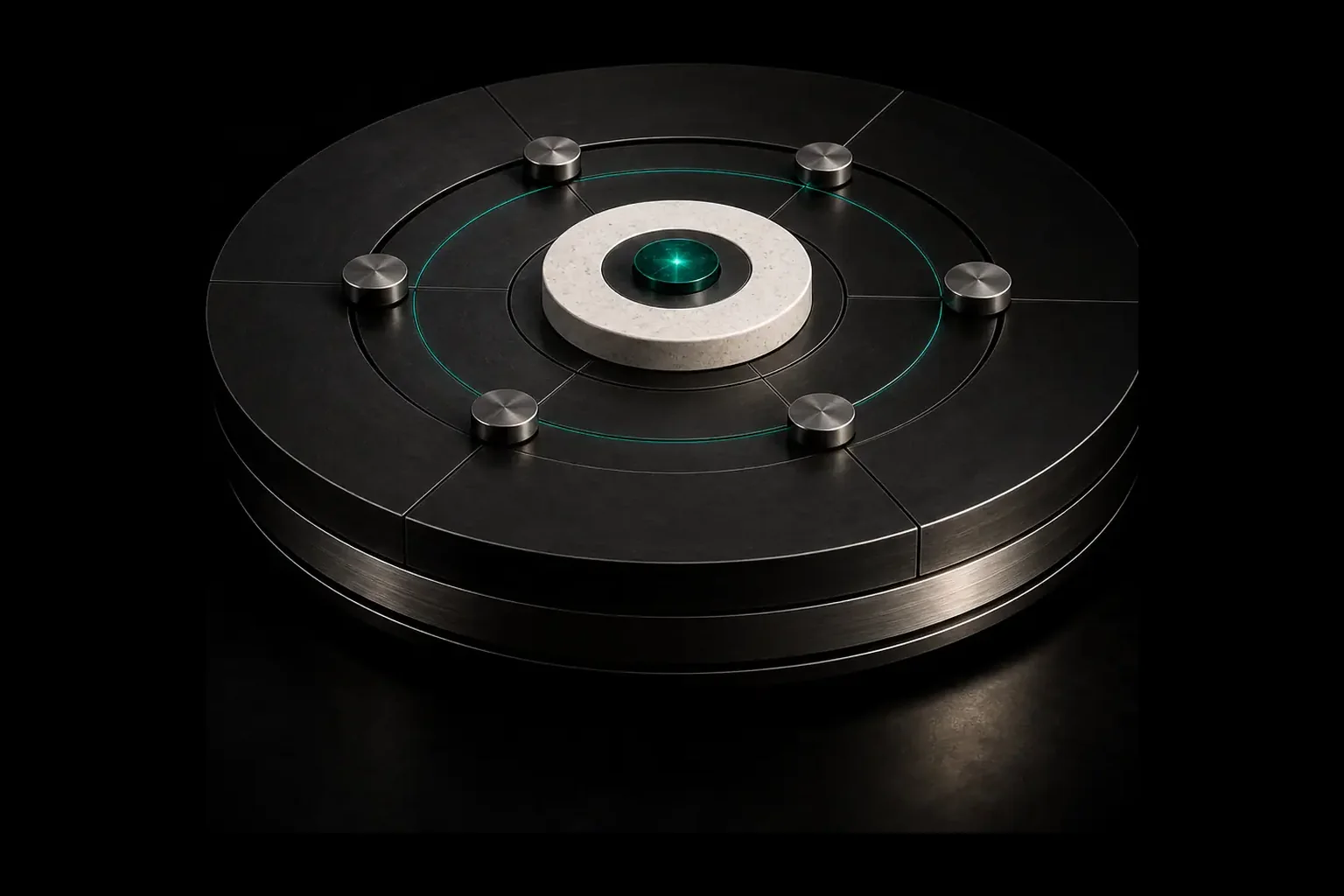 A completed shared platform with aligned decision weights orbiting one emerald centre.