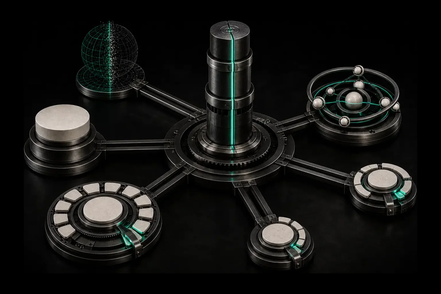 One central emerald-seamed control spindle connected by precision rails to product, release, adoption and team modules.