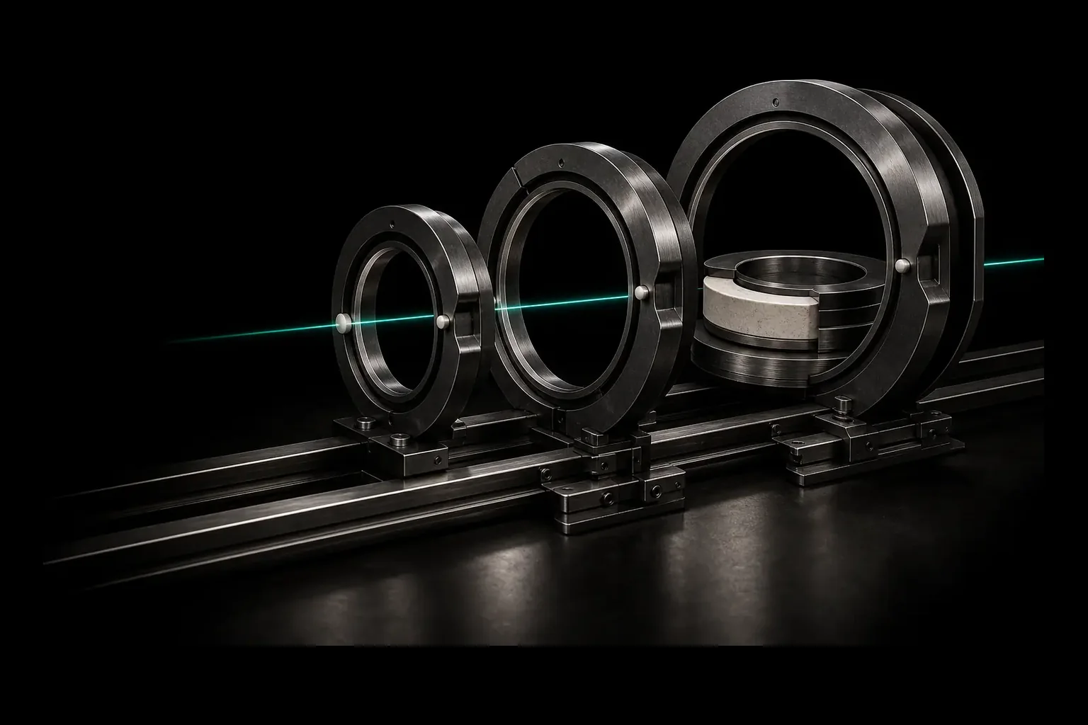 A circular bone and graphite product core passing through three precision-machined gateway rings on parallel rails.
