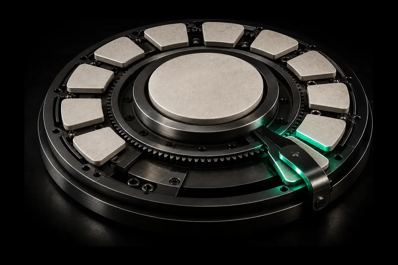 A circular graphite release mechanism with evenly spaced bone plates and one emerald-lit selector shuttle.