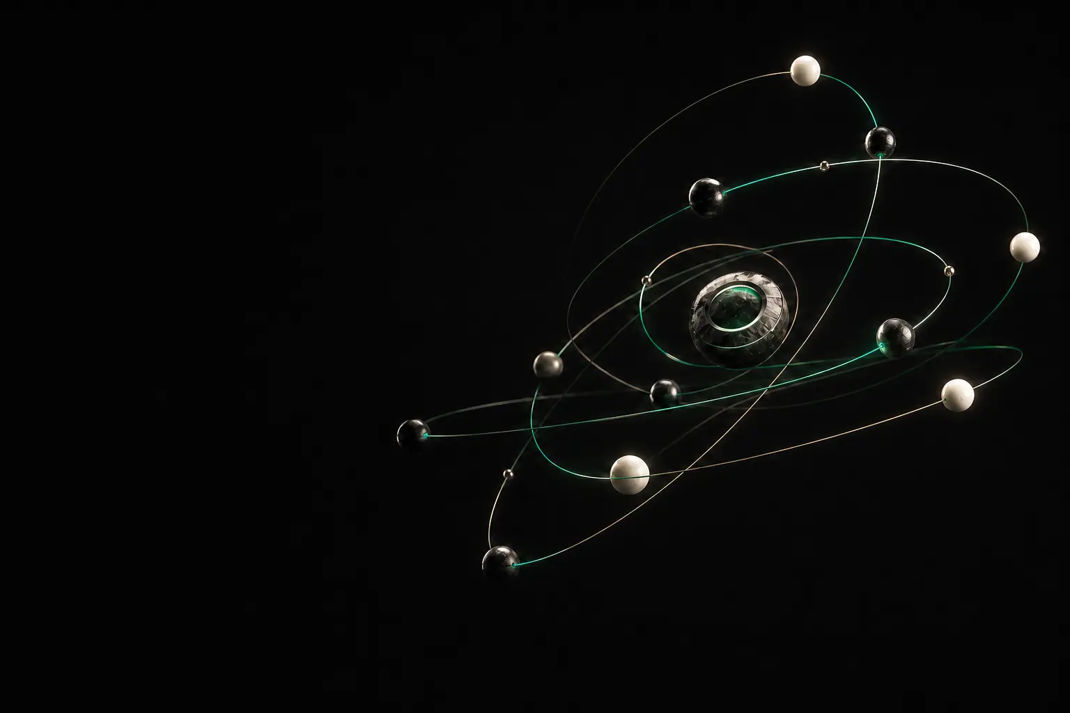 Eleven bone and graphite bodies held on fine emerald and warm-metal orbits around a machined central core.