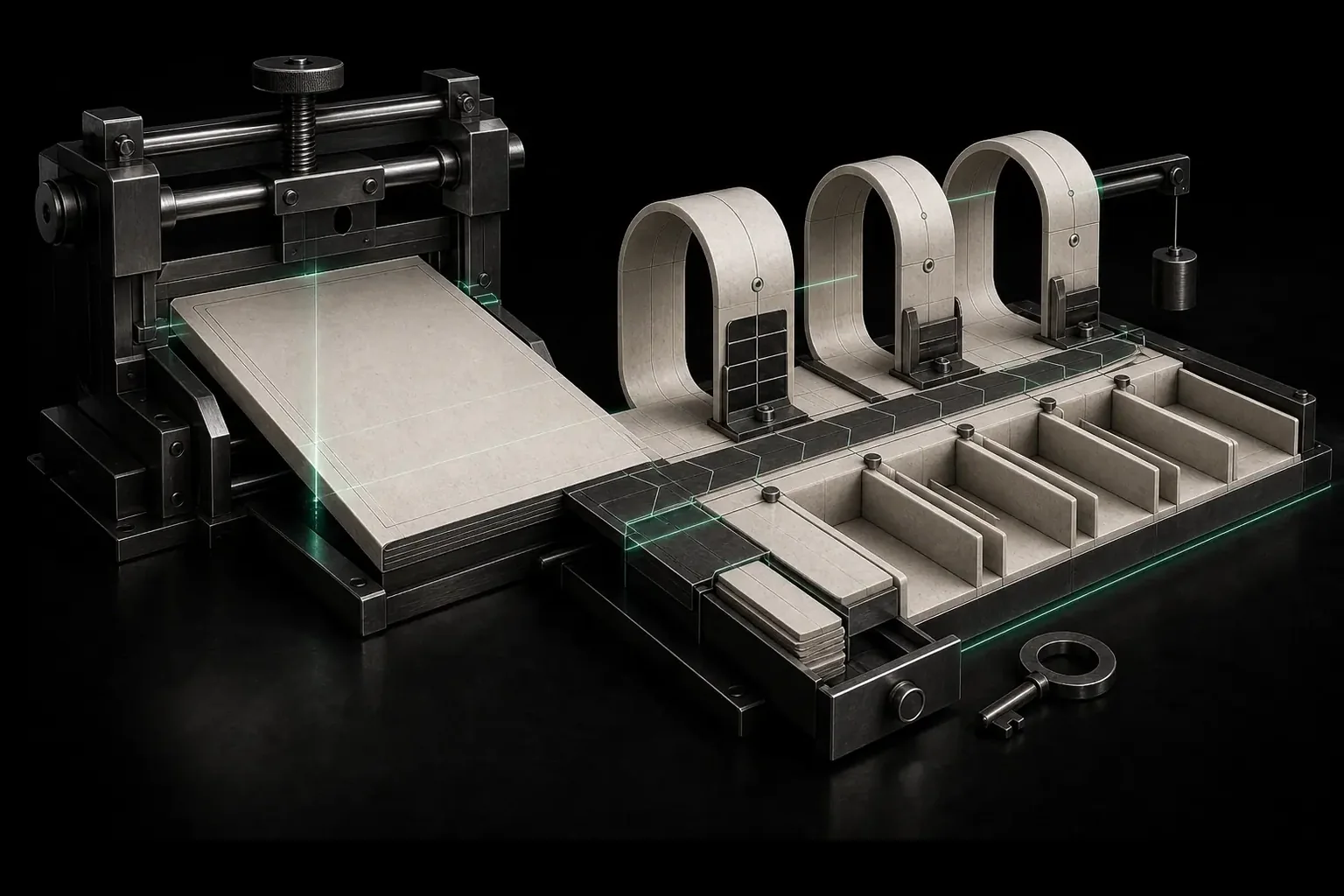A document slab entering a graphite cradle and unfolding into roadmap arches, project bays, a decision drawer and secure key.