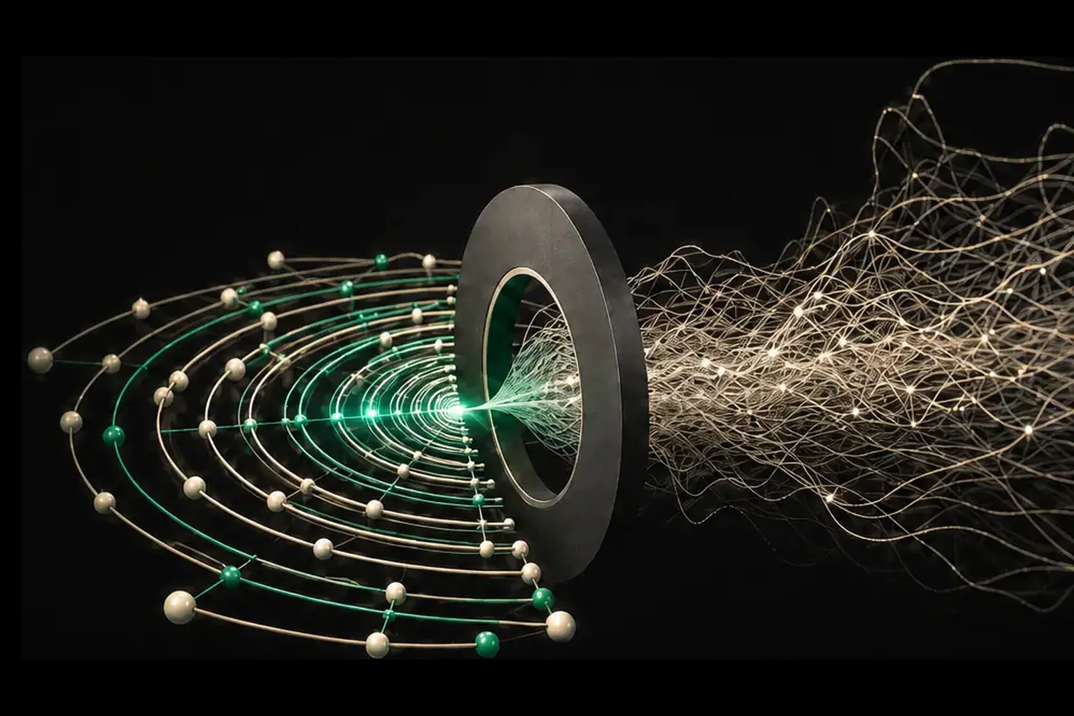 Chaotic threads entering a graphite ring from the right and resolving leftward into ordered concentric emerald and bone rails.