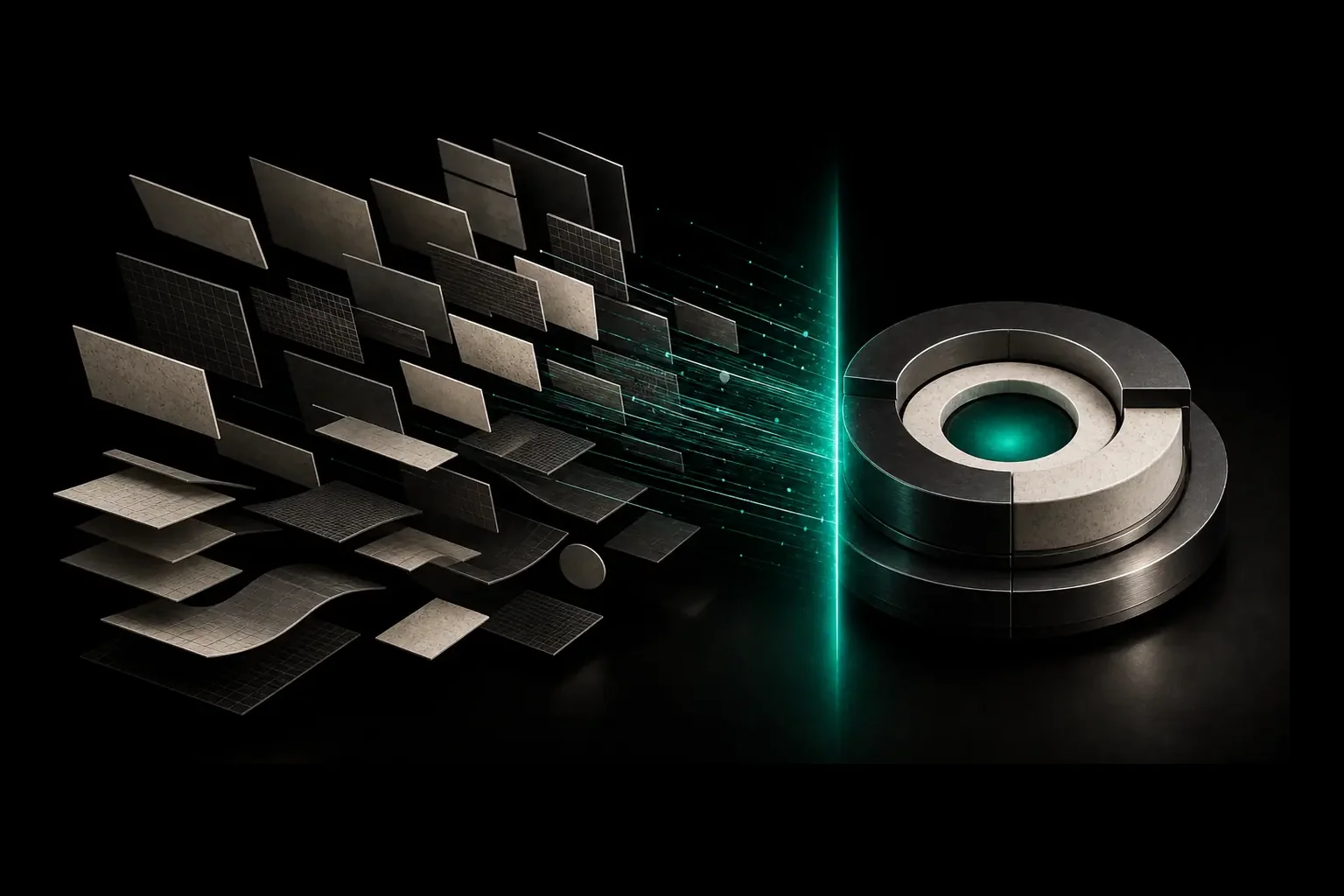Many scattered report plates converging through an emerald registration plane into one complete circular platform.